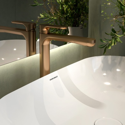 Смеситель для раковины Ole/Оле однорычажный высокий без донного клапана, золотой атласный Смеситель для раковины Ole/Оле однорычажный высокий без донного клапана, золотой атласный