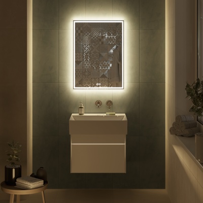 Зеркало Tecno/Текно c LED 60 с подсветкой, с функцией антизапотевание, белое глянцевое