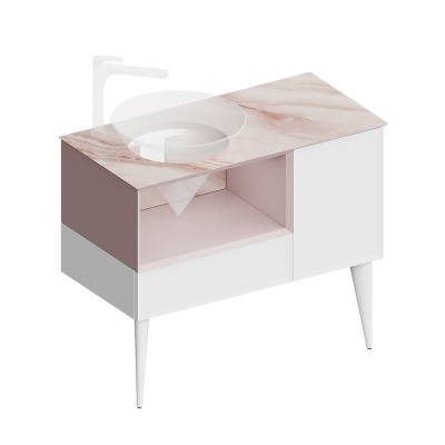 Тумба Cono/Коно подвесная с открытой полкой и ящиками 97, белая матовая-мальва Тумба Cono/Коно подвесная с открытой полкой и ящиками 97, белая матовая-мальва