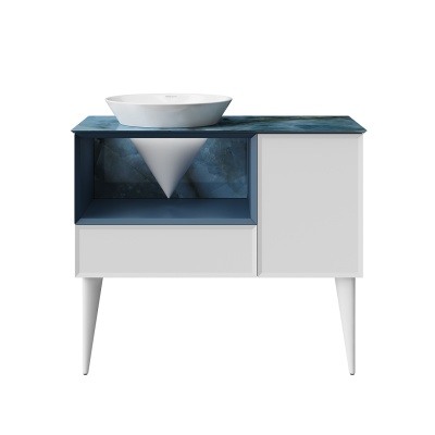 Тумба Cono/Коно подвесная с открытой полкой и ящиками 97, белая матовая-синяя Тумба Cono/Коно подвесная с открытой полкой и ящиками 97, белая матовая-синяя