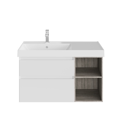 Тумба CUBO левая подвесная с ящиками 90, белая матовая-древесная Тумба CUBO левая подвесная с ящиками 90, белая матовая-древесная